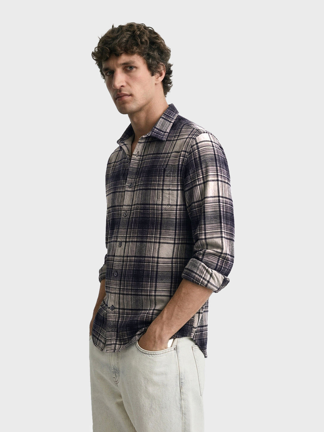 Men's Grey Slim Fit Checked Casual Shirt