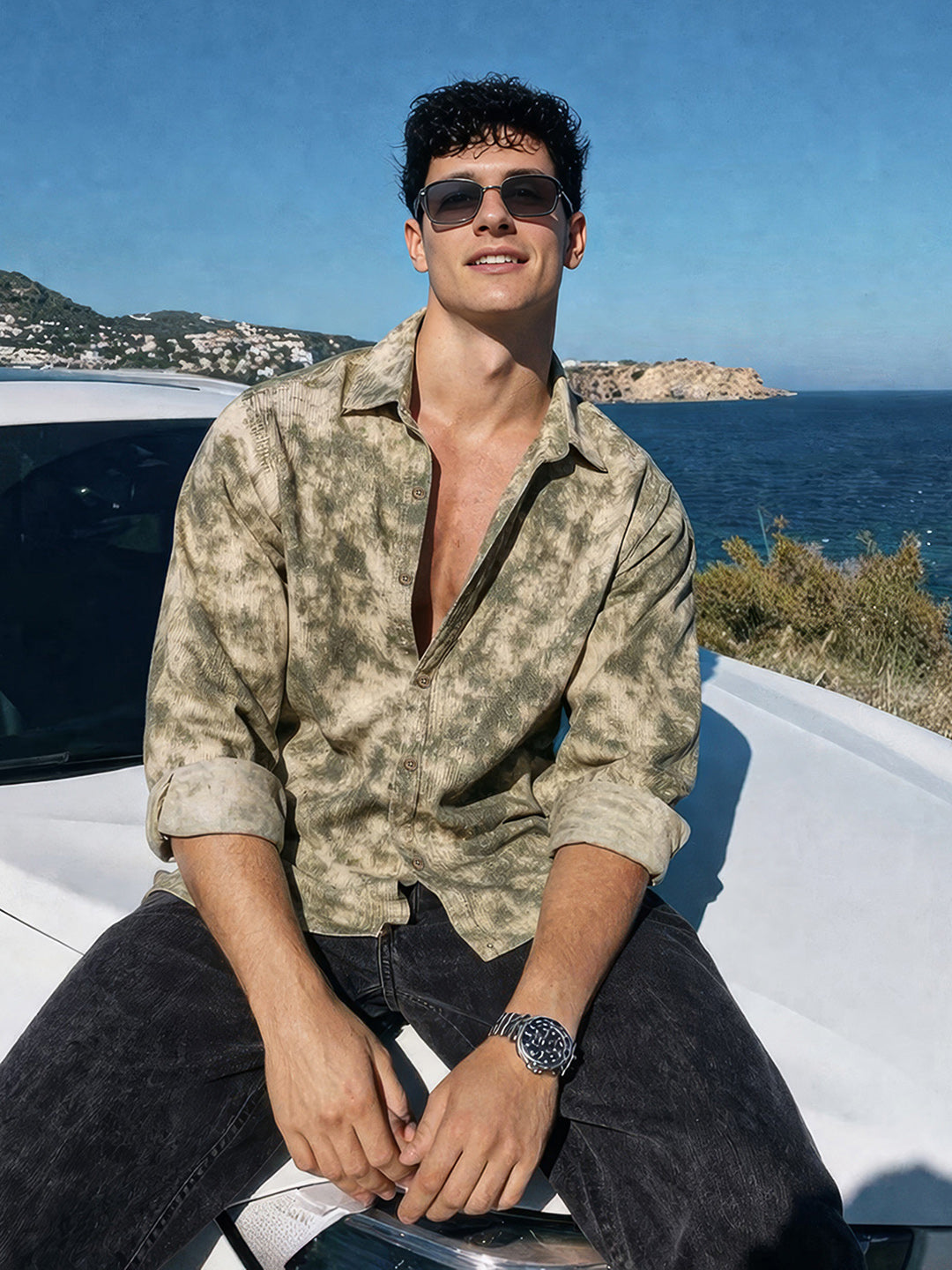 Men's Olive Regular Fit Printed Casual Shirt