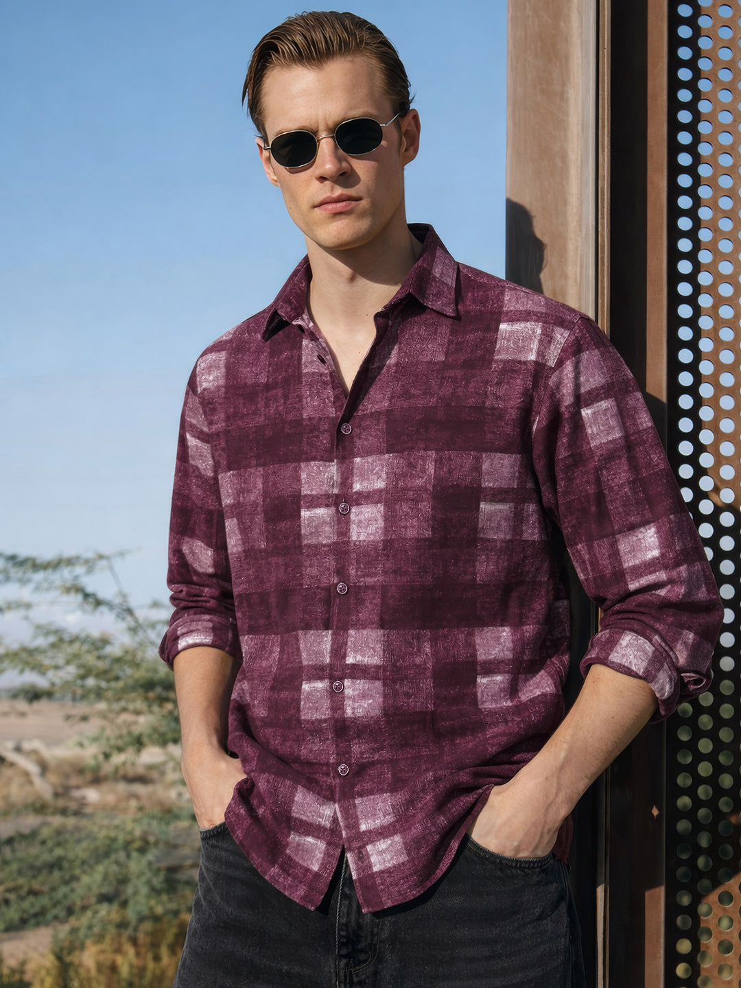 Men's Maroon Regular Fit Checkered Casual Shirt