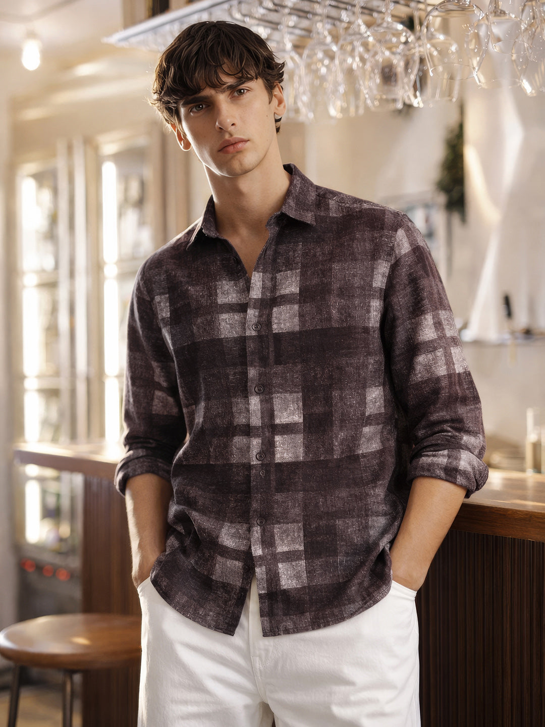 Men's Brown Regular Fit Checkered Casual Shirt