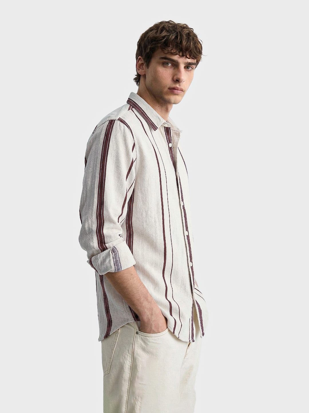 Men's White Regular Fit Striped Casual Shirt
