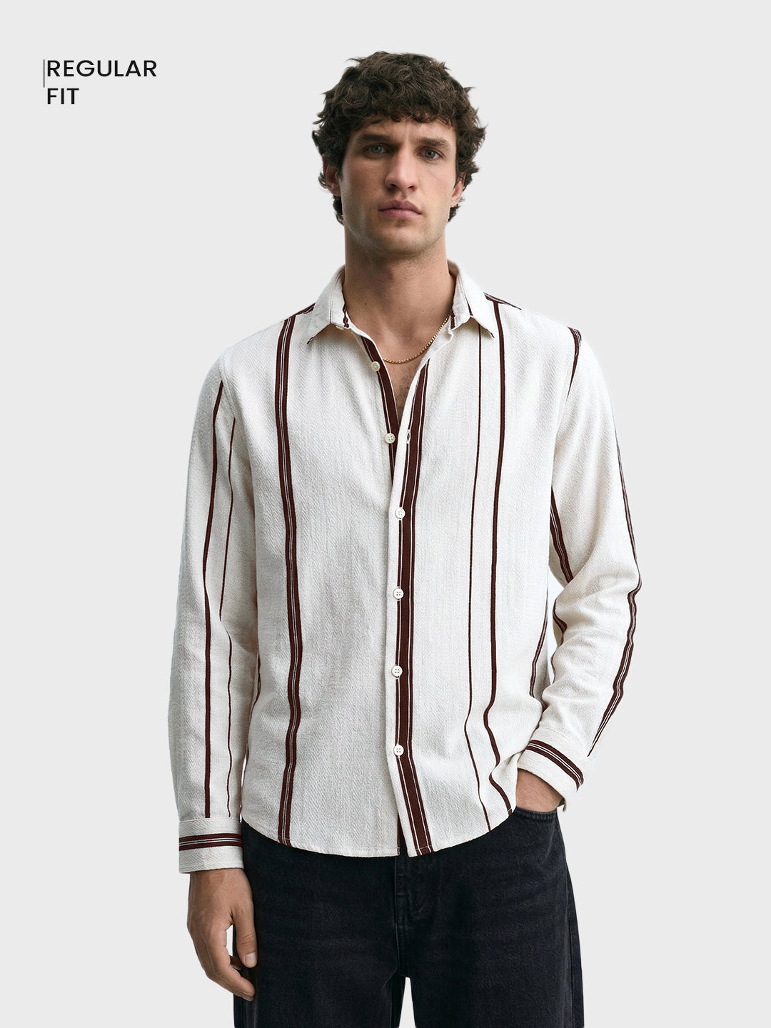 Men's White Regular Fit Striped Casual Shirt