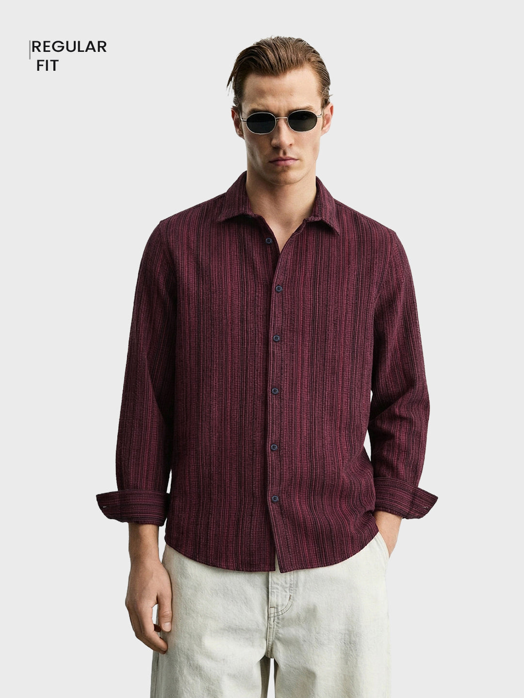 Men's Maroon Regular Fit Striped Casual Shirt