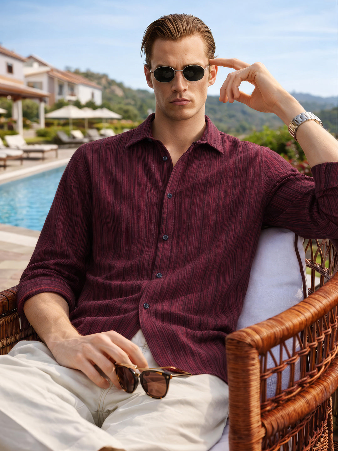 Men's Maroon Regular Fit Striped Casual Shirt