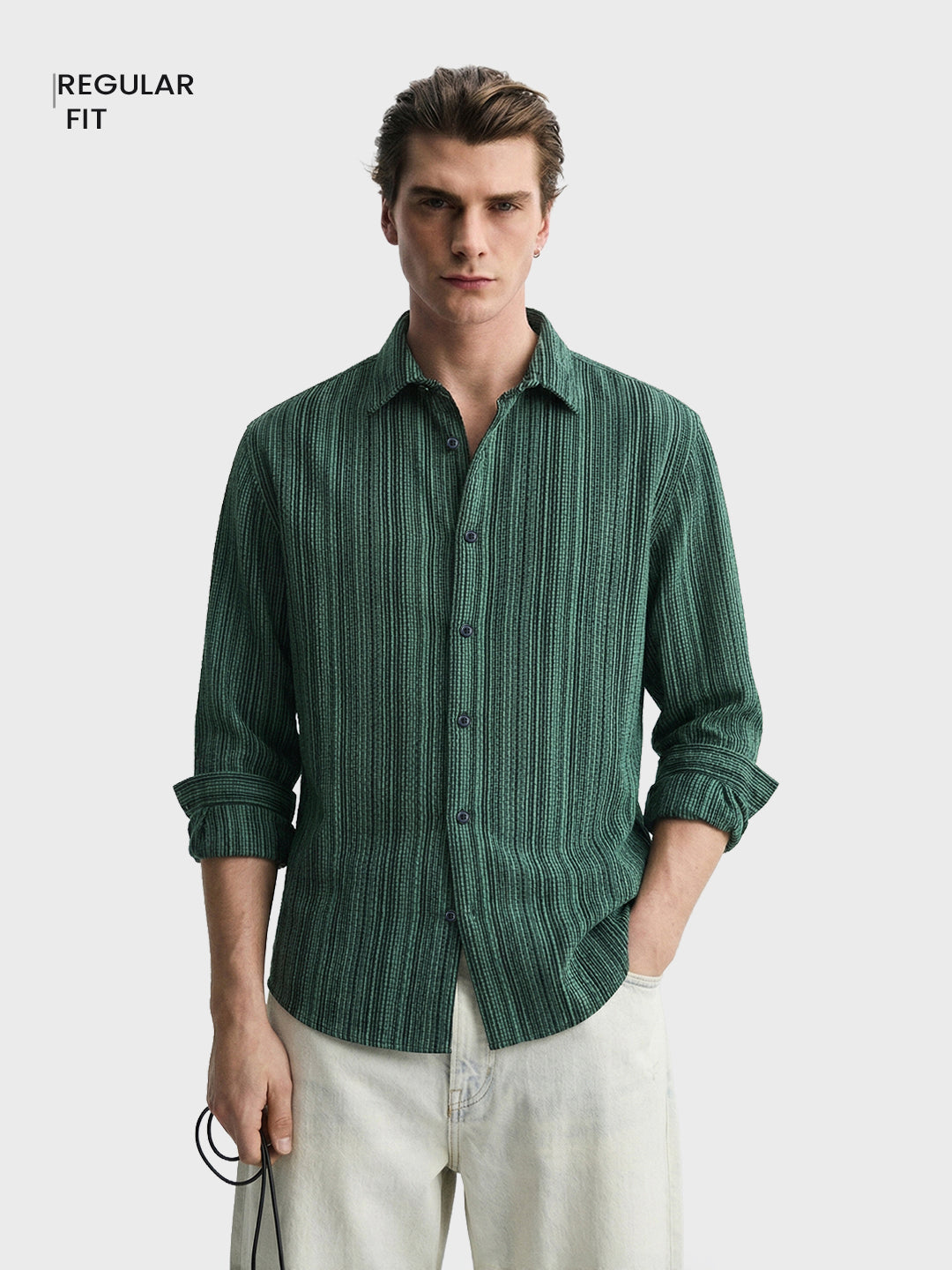 Men's Green Regular Fit Striped Casual Shirt