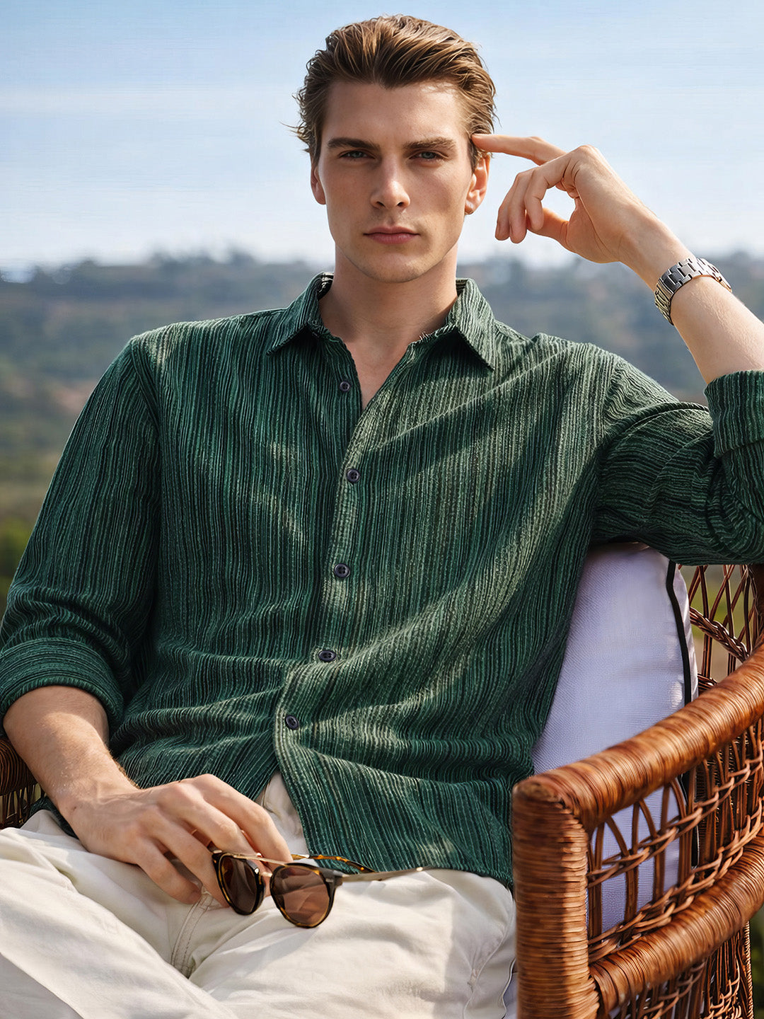 Men's Green Regular Fit Striped Casual Shirt