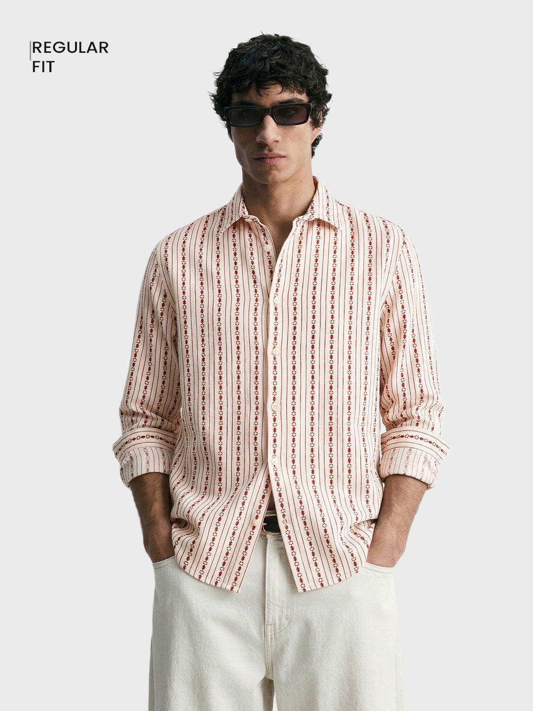 Men's White Regular Fit Striped Casual Shirt