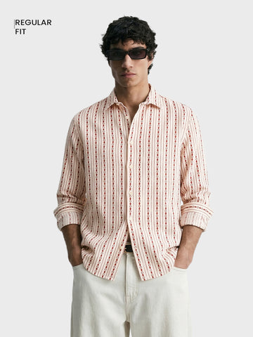 Men's White Regular Fit Striped Casual Shirt