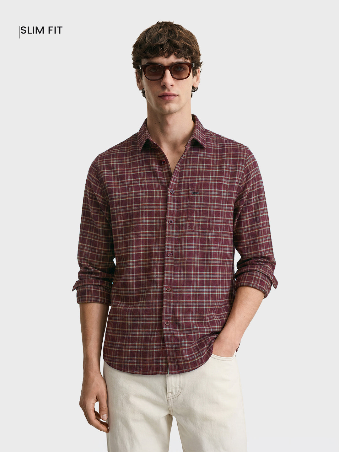 Men's Maroon Slim Fit Checkered Casual Shirt