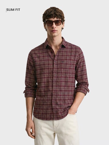 Men's Maroon Slim Fit Checkered Casual Shirt