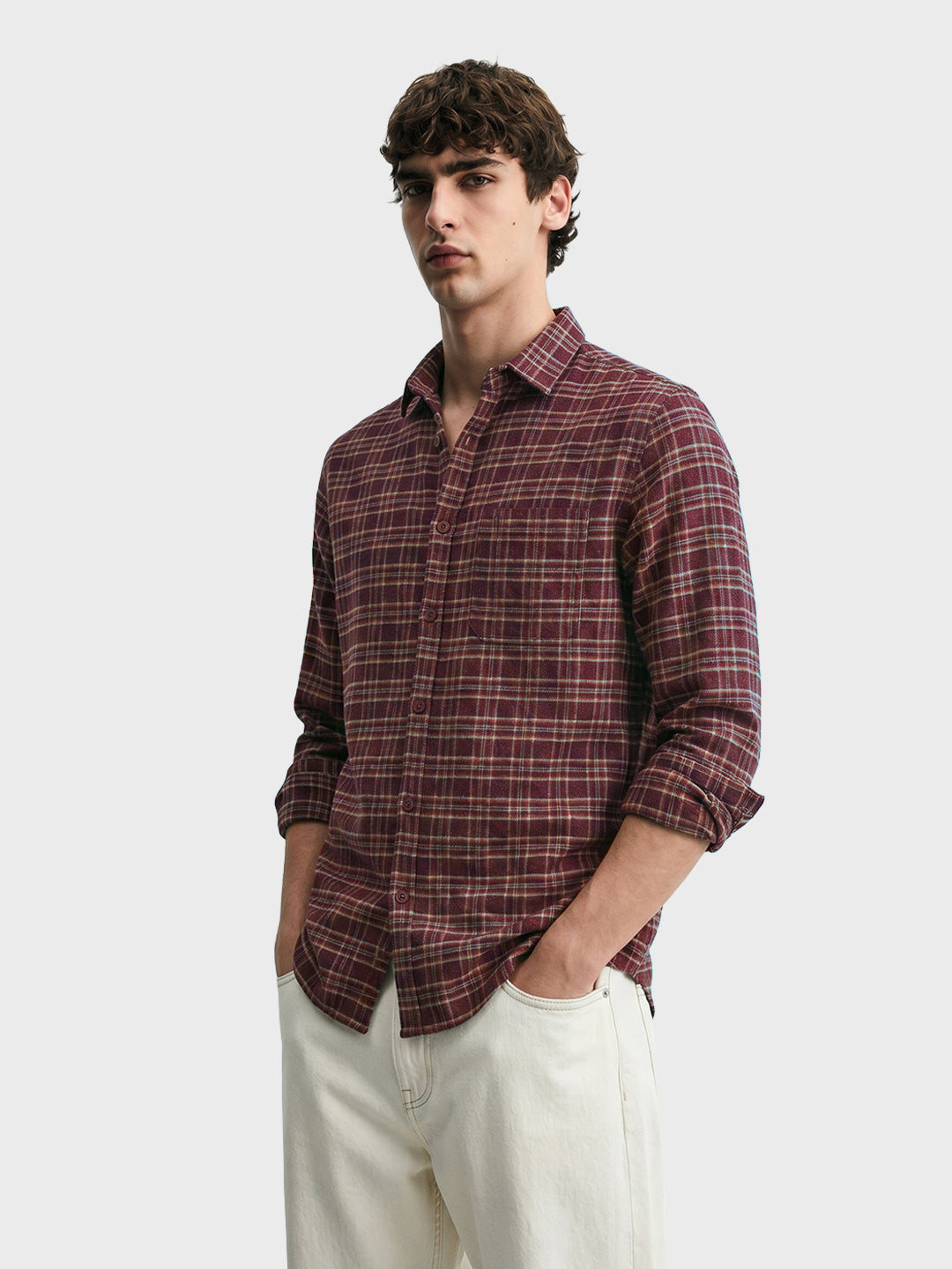 Men's Maroon Slim Fit Checkered Casual Shirt