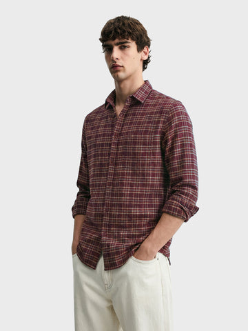 Men's Maroon Slim Fit Checkered Casual Shirt