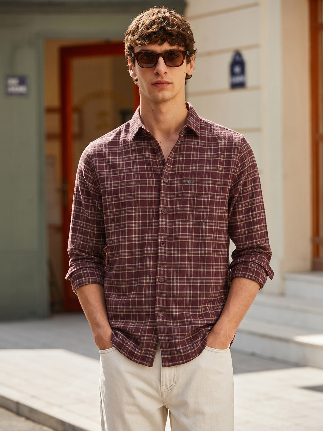 Men's Maroon Slim Fit Checkered Casual Shirt