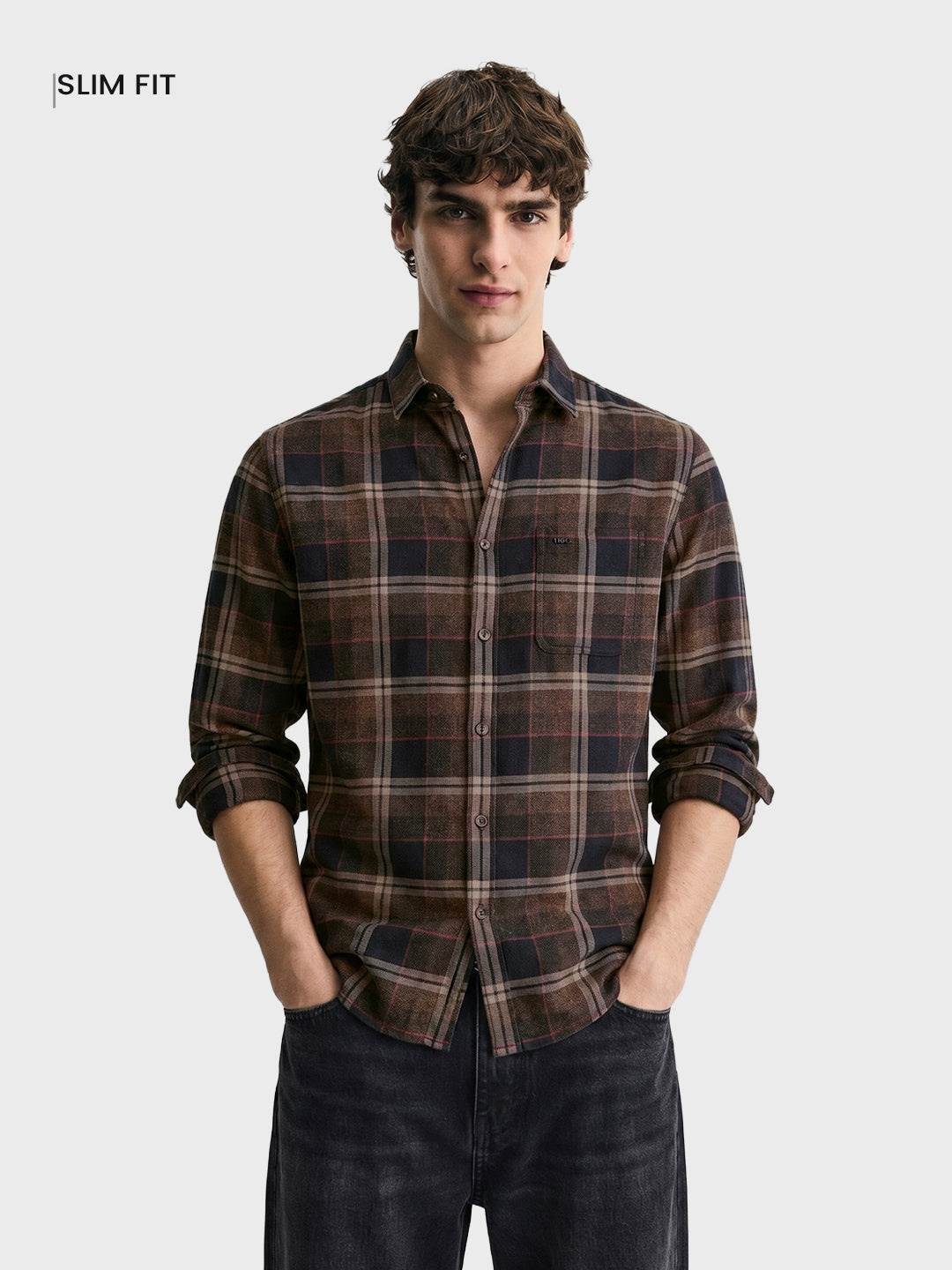 Men's Khaki Slim Fit Checkered Casual Shirt