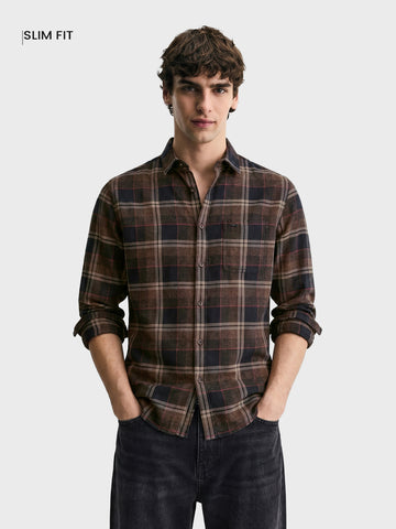 Men's Khaki Slim Fit Checkered Casual Shirt