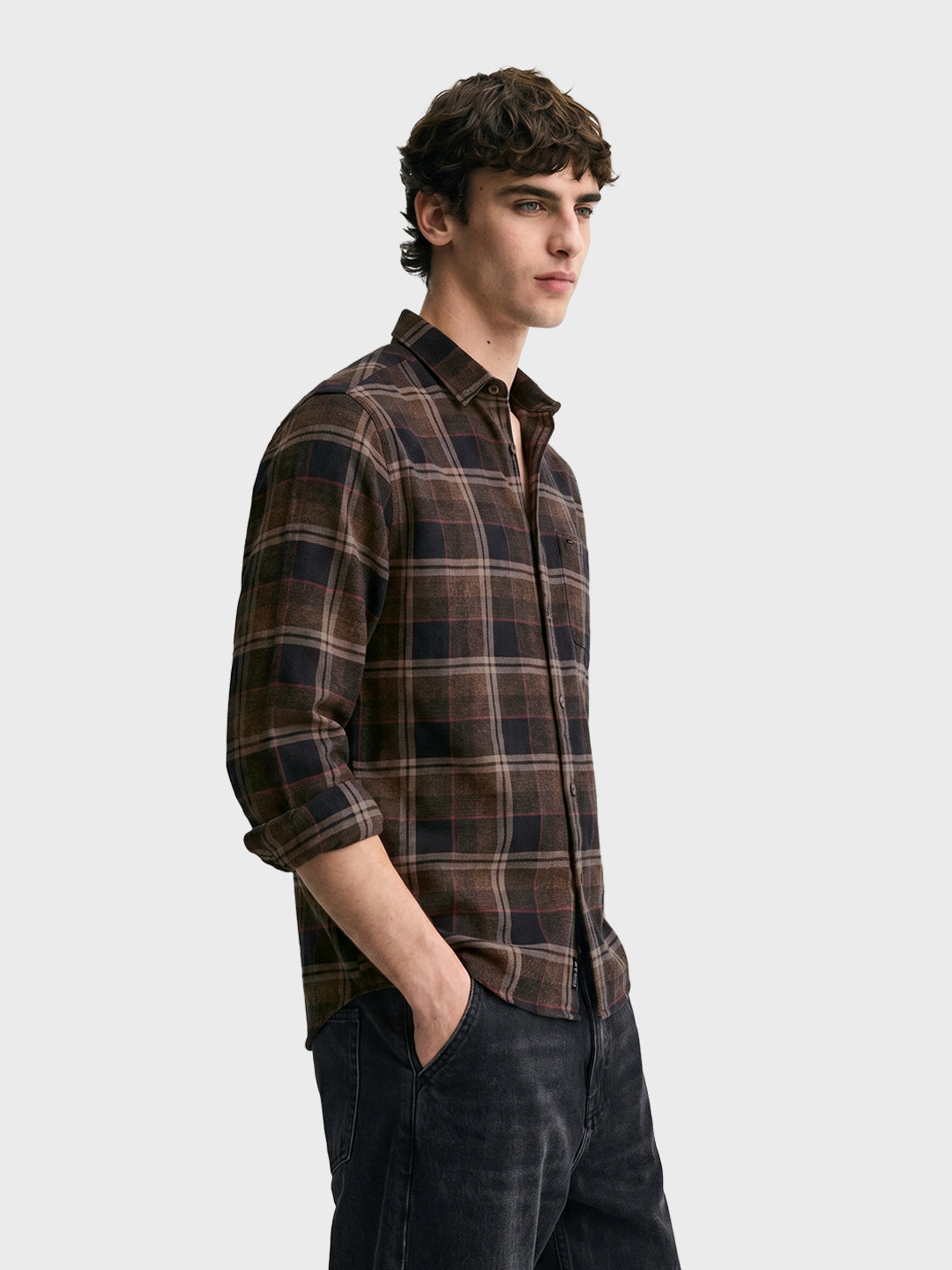 Men's Khaki Slim Fit Checkered Casual Shirt