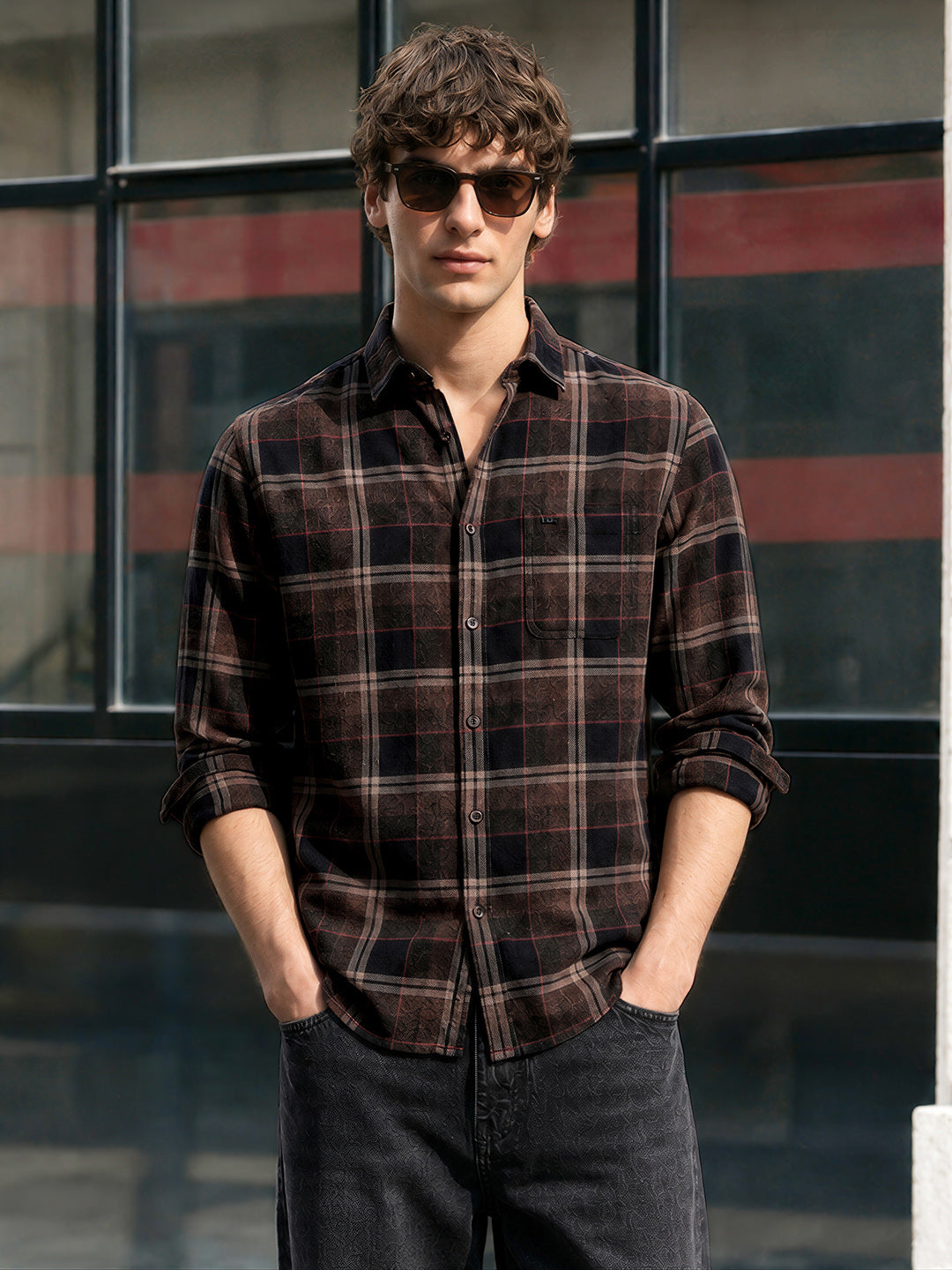 Men's Khaki Slim Fit Checkered Casual Shirt