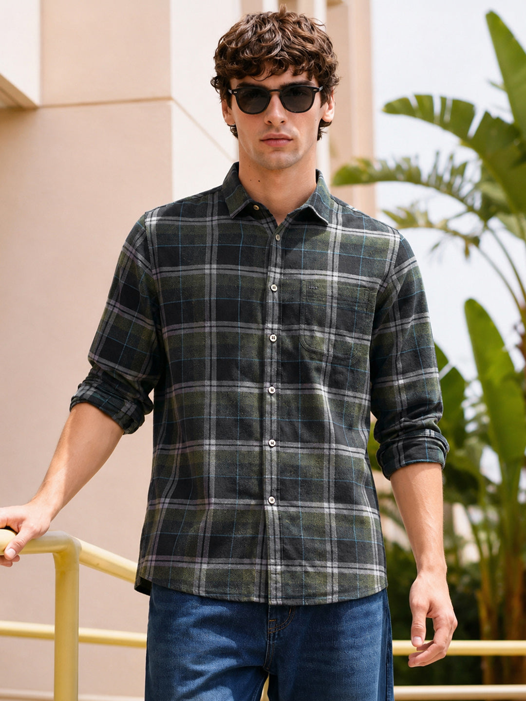 Men's Green Slim Fit Checkered Casual Shirt