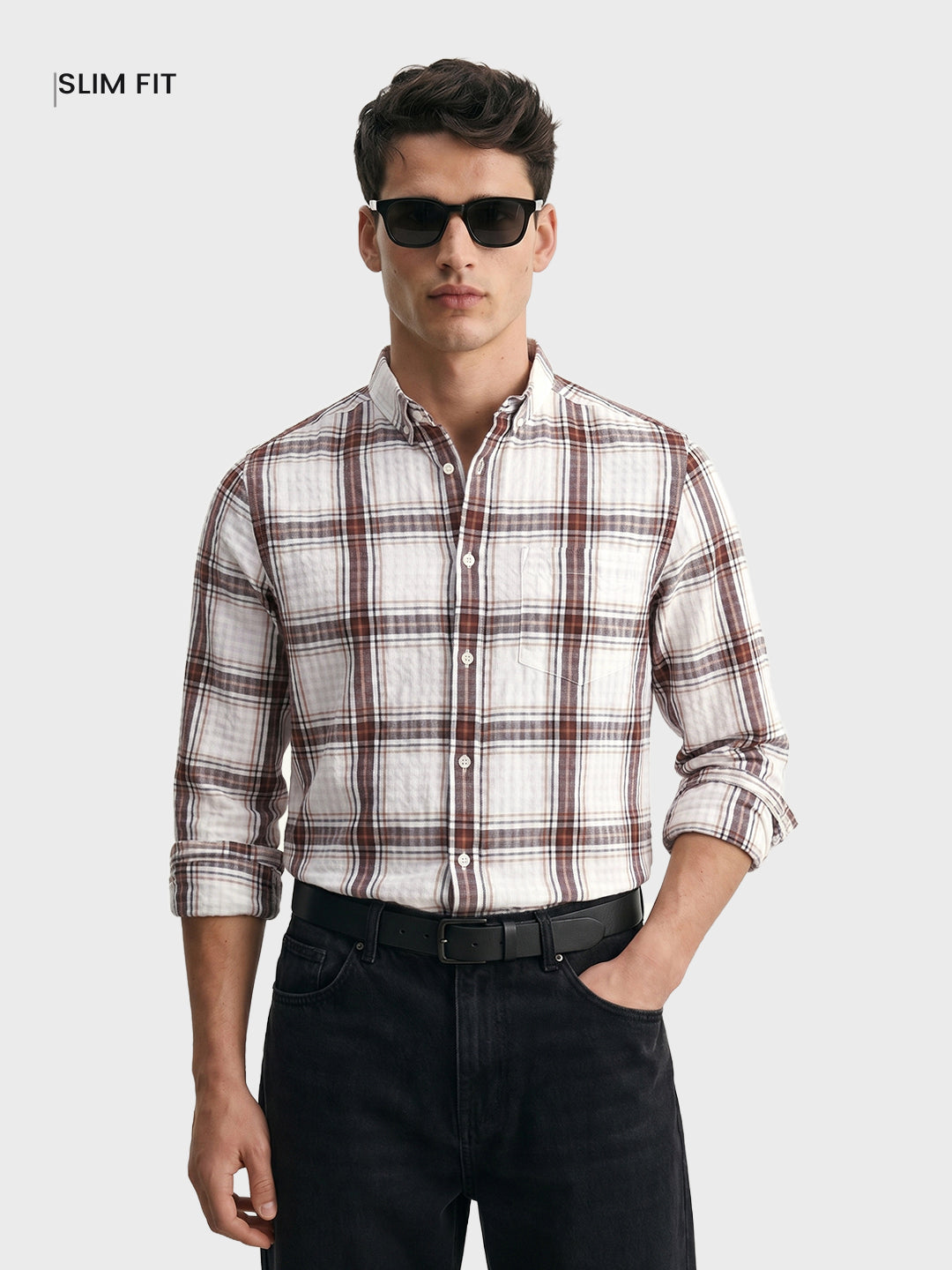 Men's Maroon Slim Fit Checkered Casual Shirt