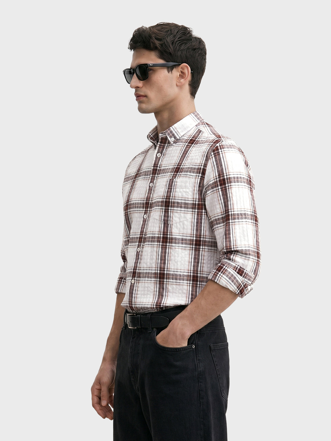 Men's Maroon Slim Fit Checkered Casual Shirt