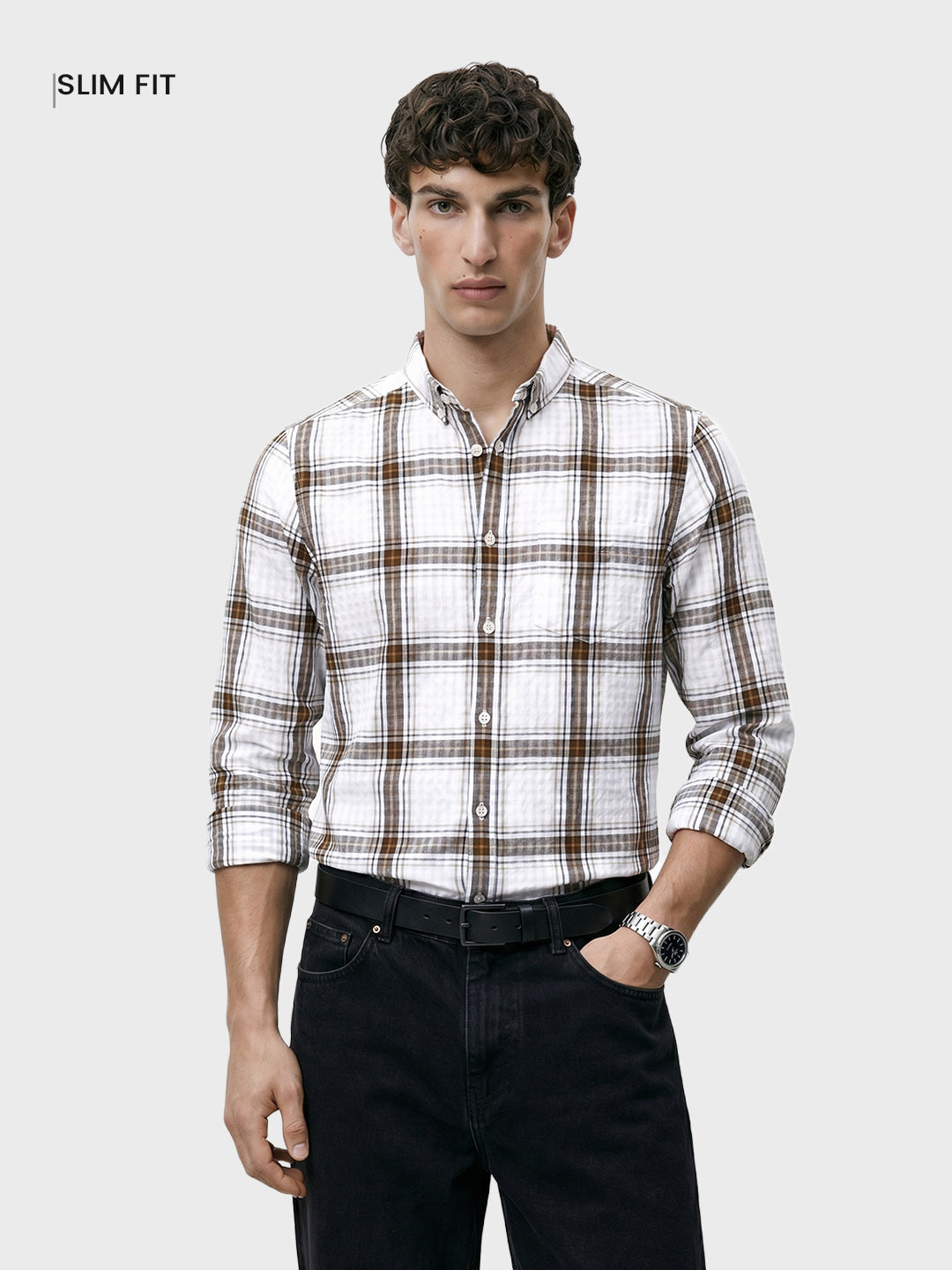 Men's Khaki Slim Fit Checkered Casual Shirt