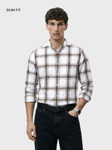 Men's Khaki Slim Fit Checkered Casual Shirt