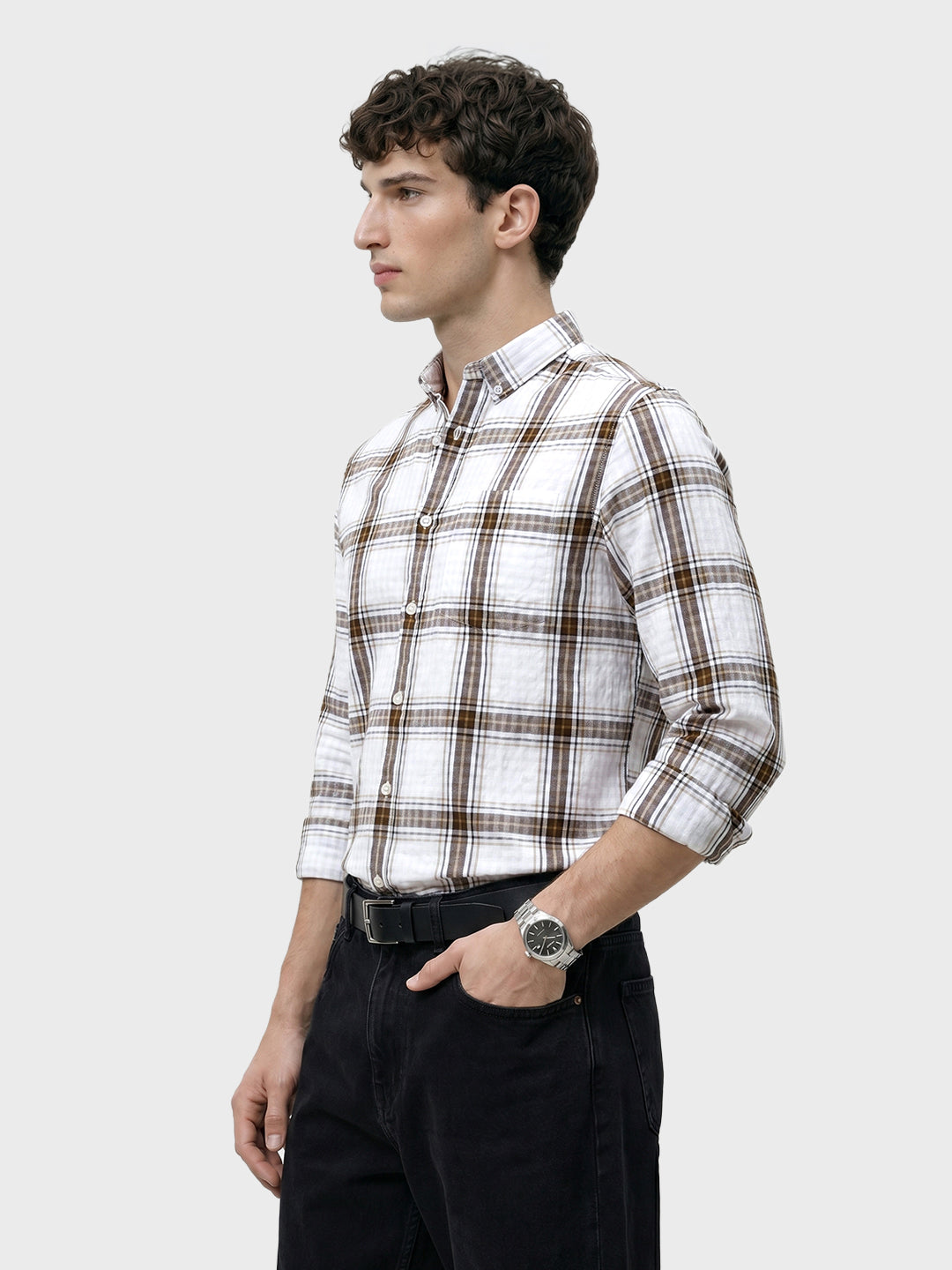 Men's Khaki Slim Fit Checkered Casual Shirt