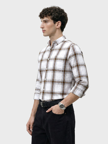 Men's Khaki Slim Fit Checkered Casual Shirt