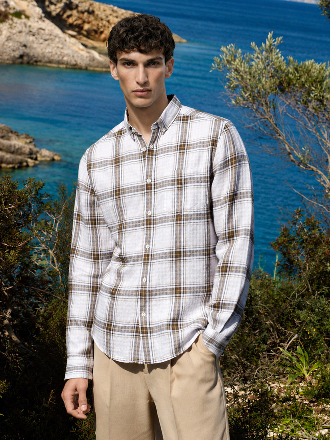 Men's Khaki Slim Fit Checkered Casual Shirt