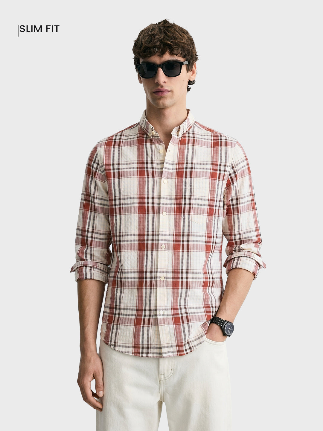 Men's Rust Slim Fit Checkered Casual Shirt