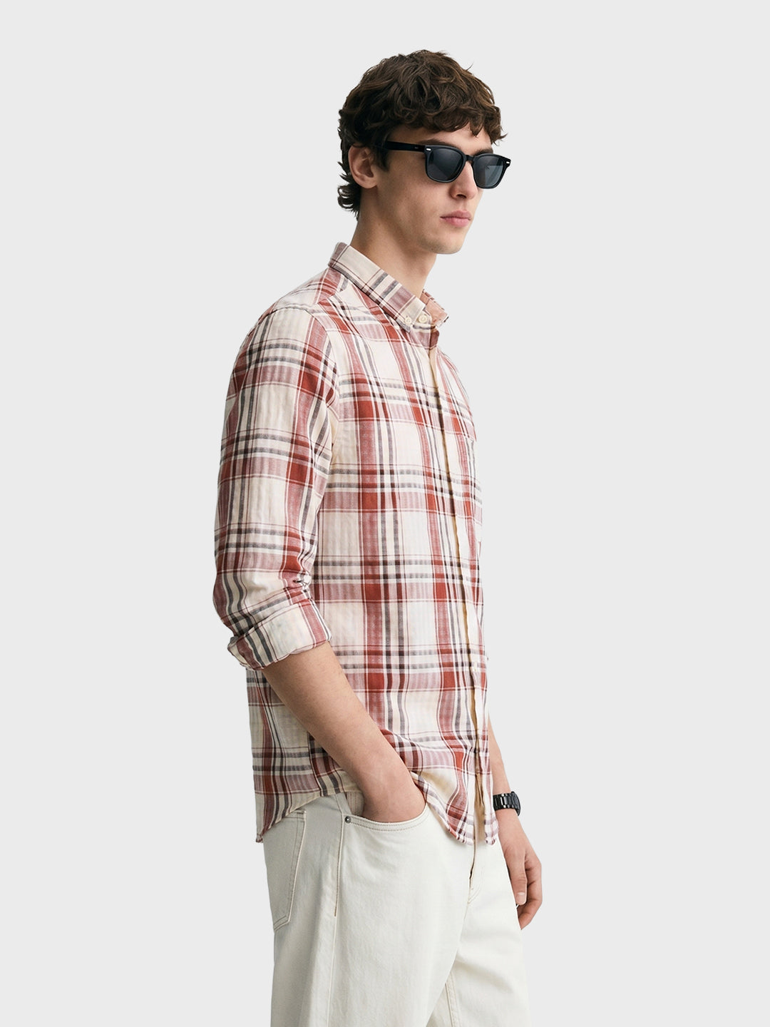 Men's Rust Slim Fit Checkered Casual Shirt