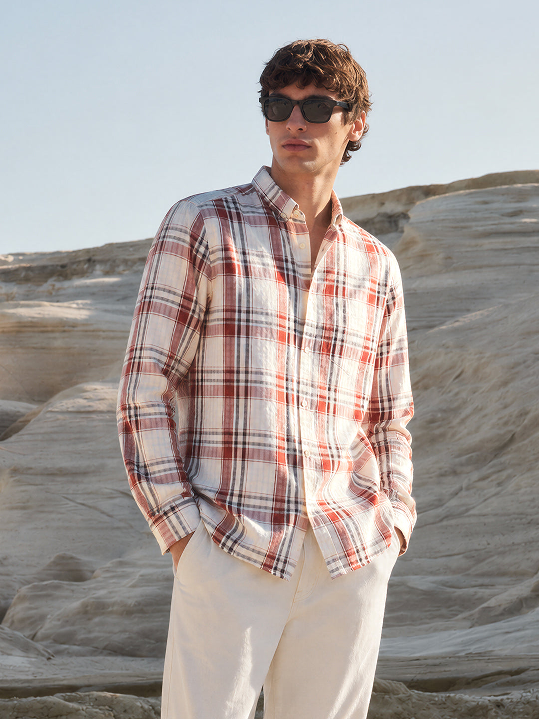 Men's Rust Slim Fit Checkered Casual Shirt