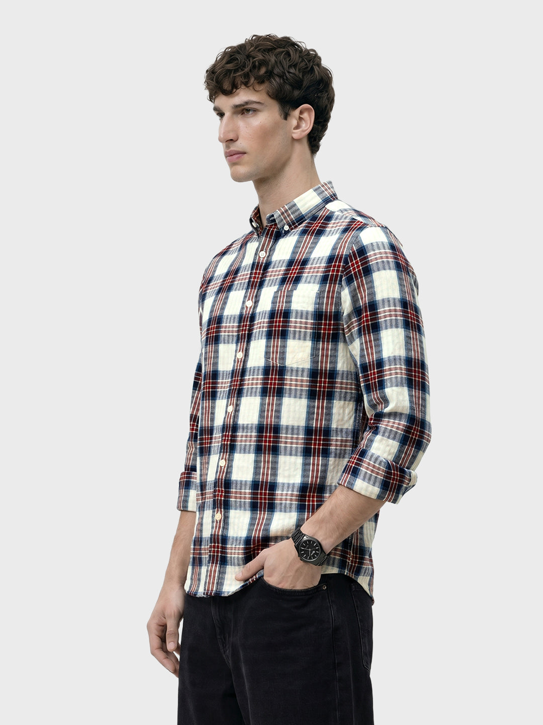 Men's Teal Slim Fit Checkered Casual Shirt