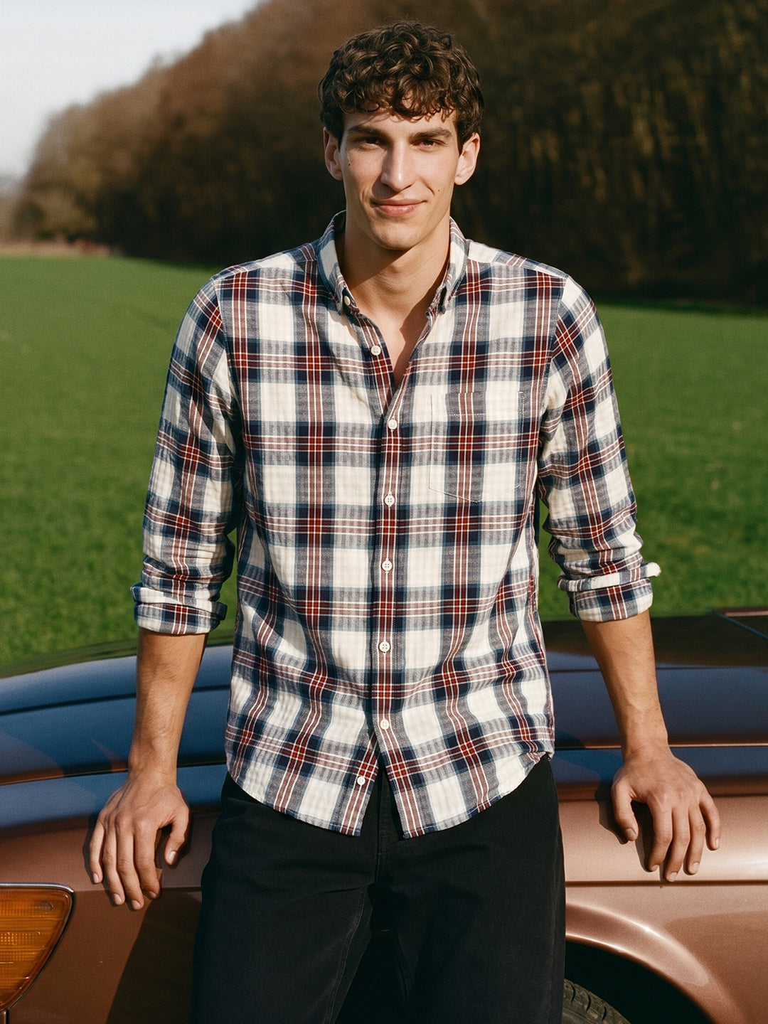 Men's Teal Slim Fit Checkered Casual Shirt