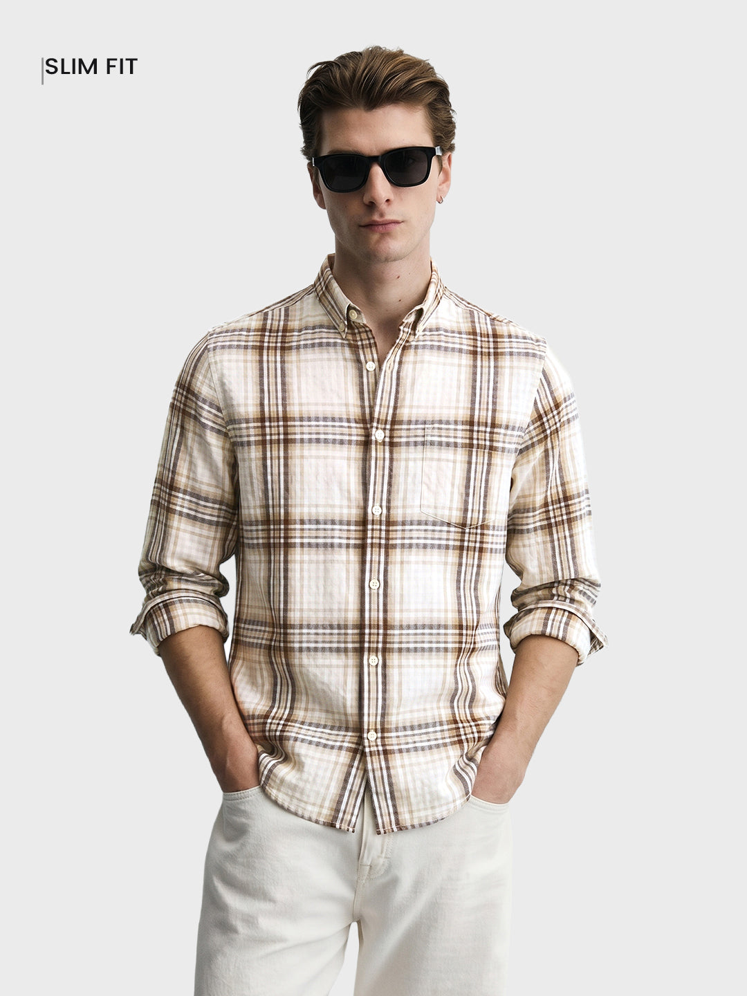 Men's Khaki Slim Fit Checkered Casual Shirt