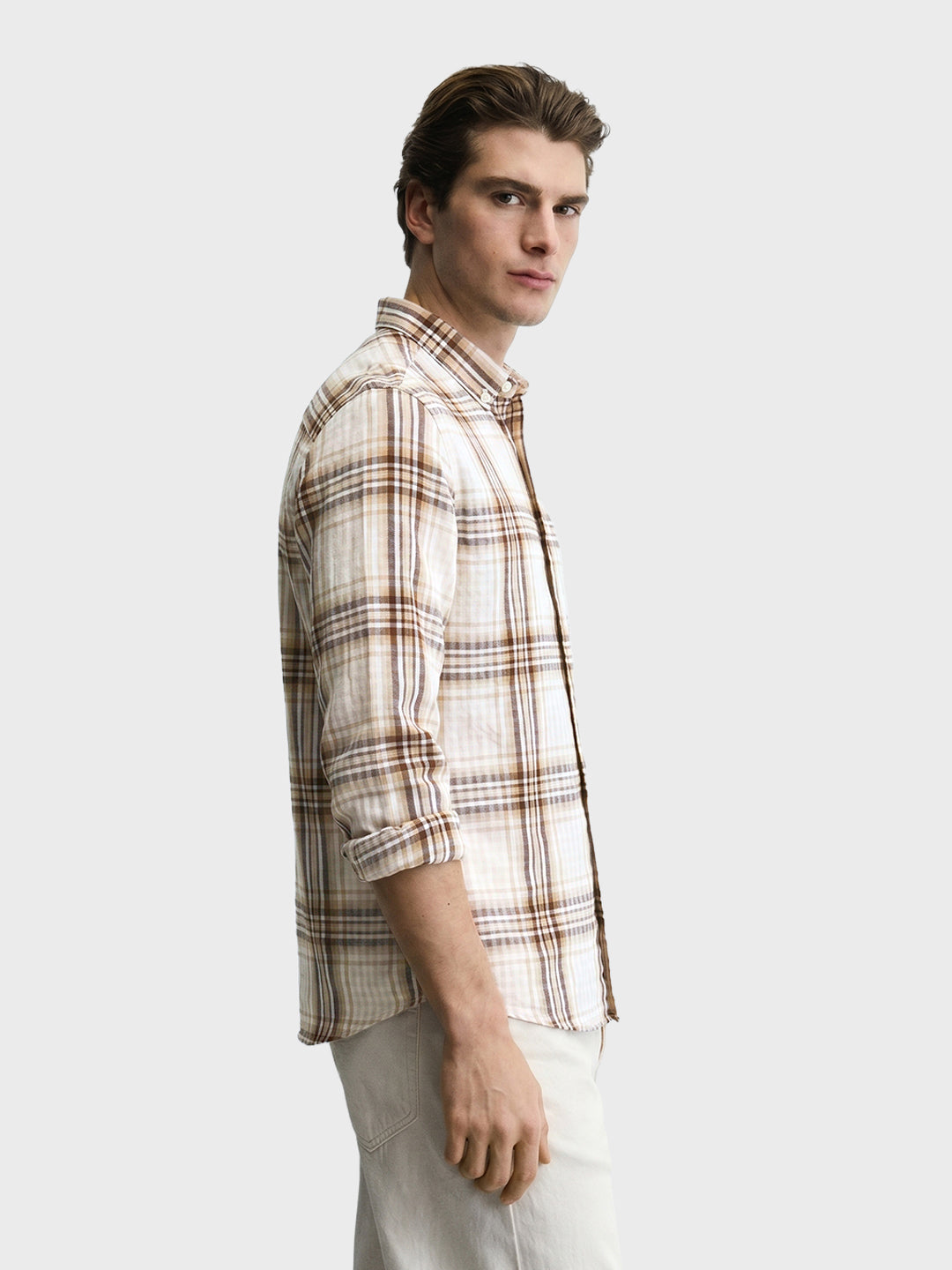 Men's Khaki Slim Fit Checkered Casual Shirt