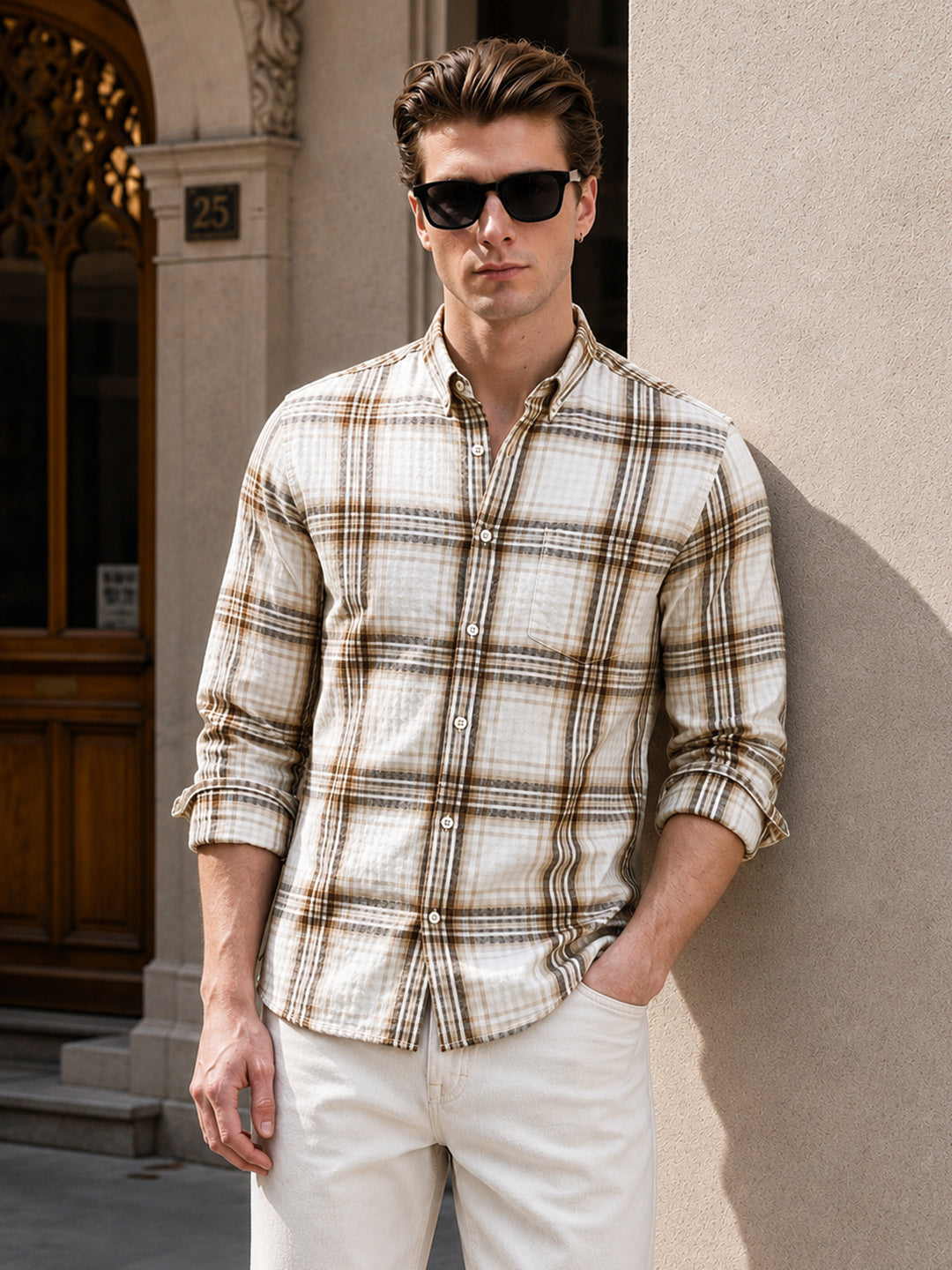 Men's Khaki Slim Fit Checkered Casual Shirt