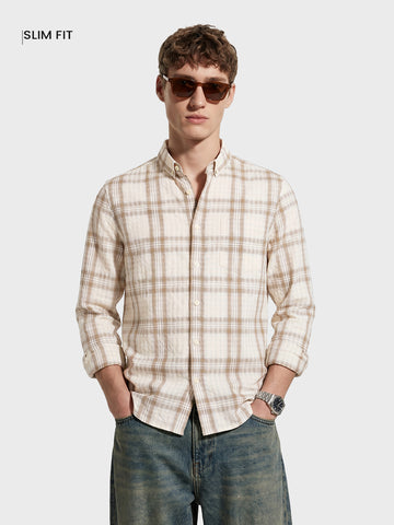 Men's Khaki Slim Fit Checkered Casual Shirt