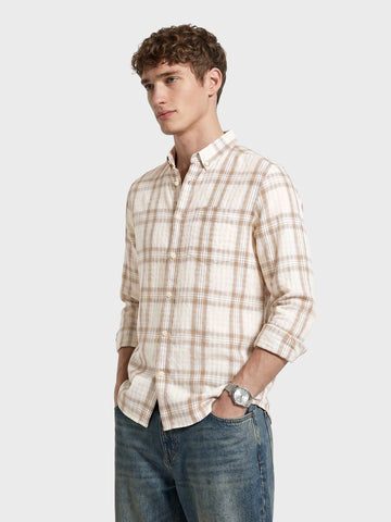 Men's Khaki Slim Fit Checkered Casual Shirt