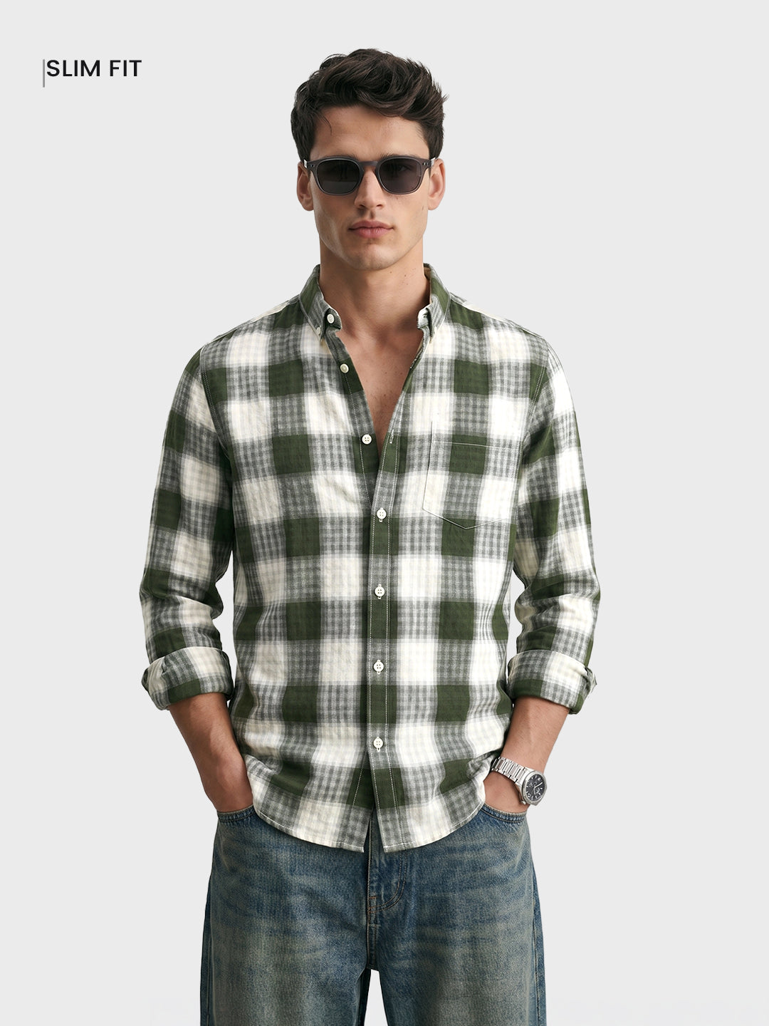 Men's Green Slim Fit Checkered Casual Shirt