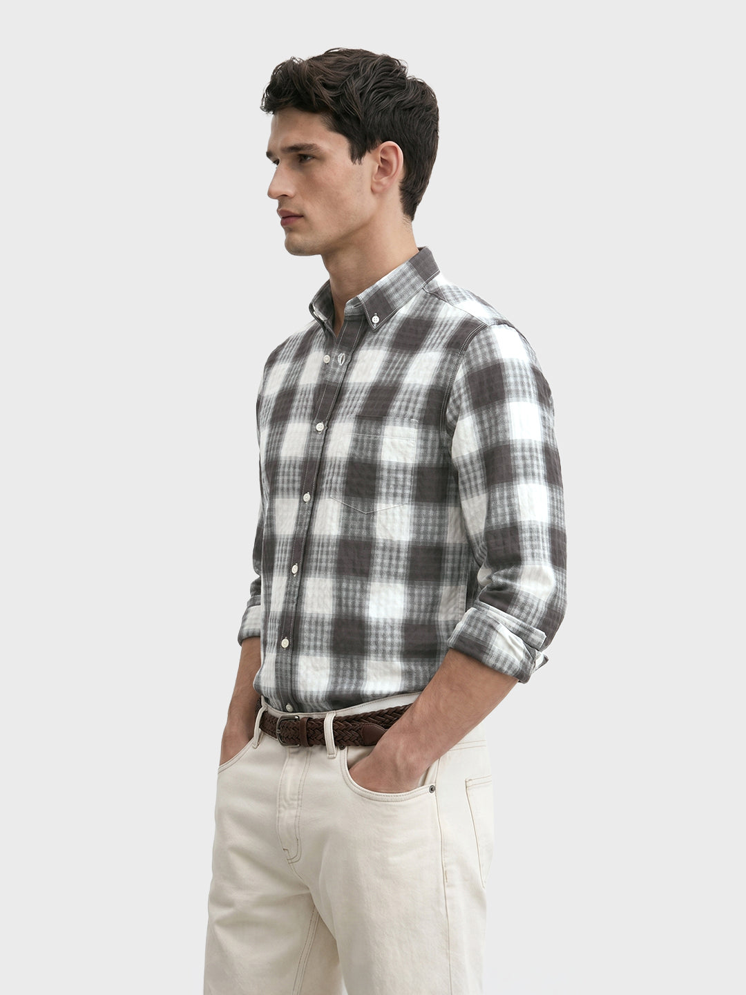 Men's Grey Slim Fit Checkered Casual Shirt