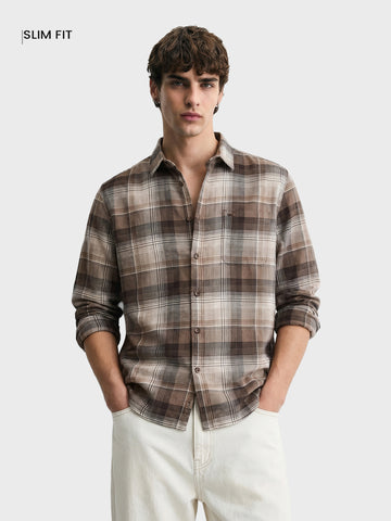 Men's Khaki Slim Fit Checkered Casual Shirt