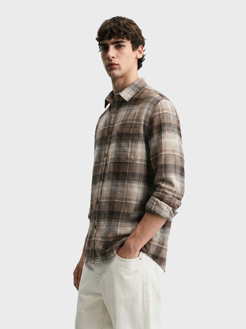 Men's Khaki Slim Fit Checkered Casual Shirt