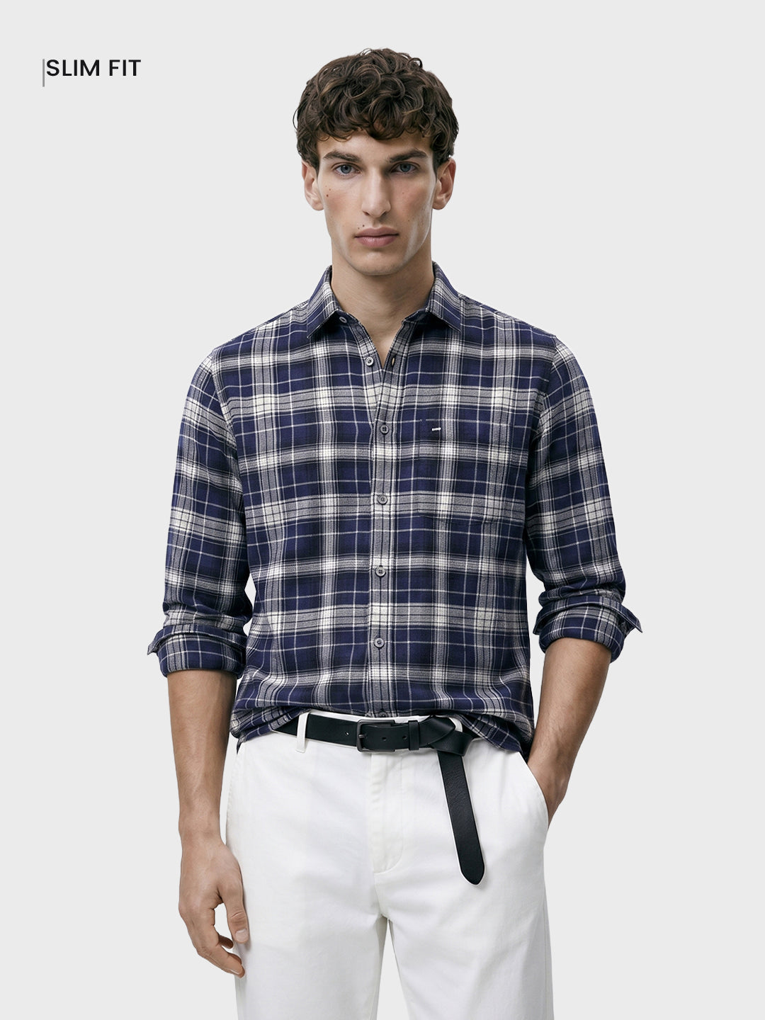 Men's Navy Blue Slim Fit Checkered Casual Shirt