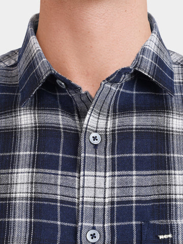 Men's Navy Blue Slim Fit Checkered Casual Shirt