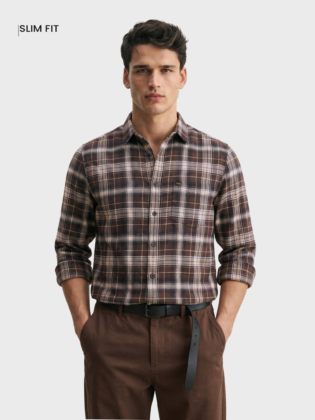 Men's Brown Slim Fit Checkered Casual Shirt
