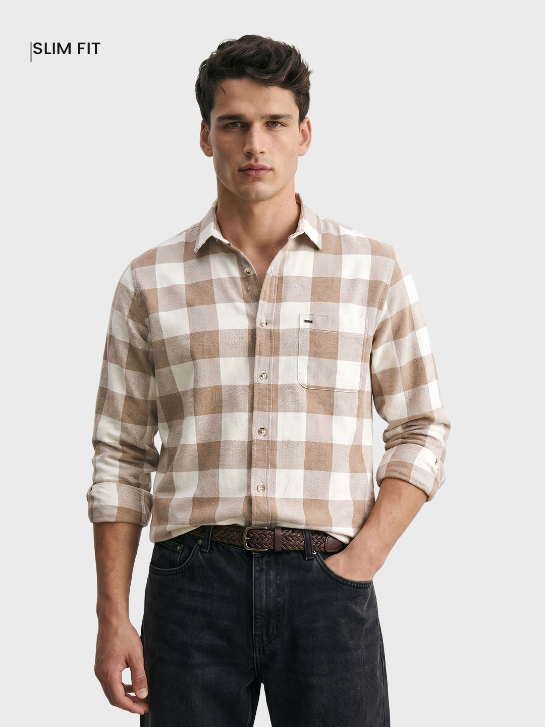 Men's Khaki Slim Fit Checkered Casual Shirt