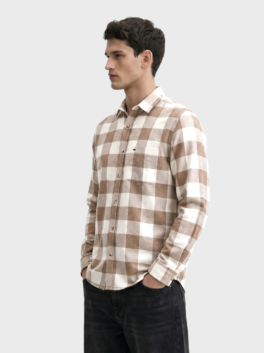 Men's Khaki Slim Fit Checkered Casual Shirt