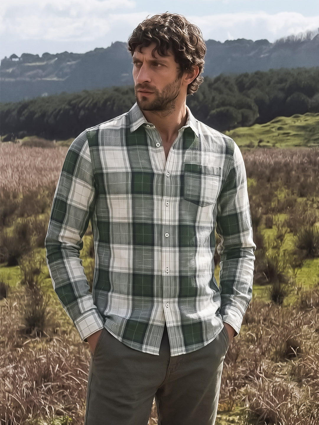 Men's Green Slim Fit Checkered Casual Shirt