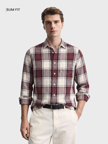 Men's Maroon Slim Fit Checkered Casual Shirt